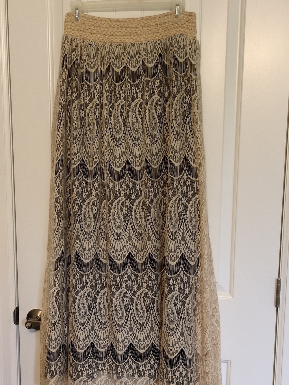 Lace Overlay Maxi Skirt in Beige